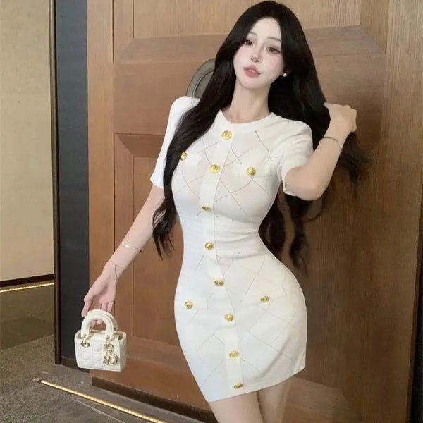 Elegant Knitted Mini Dress Summer Bodycon with Golden Buttons